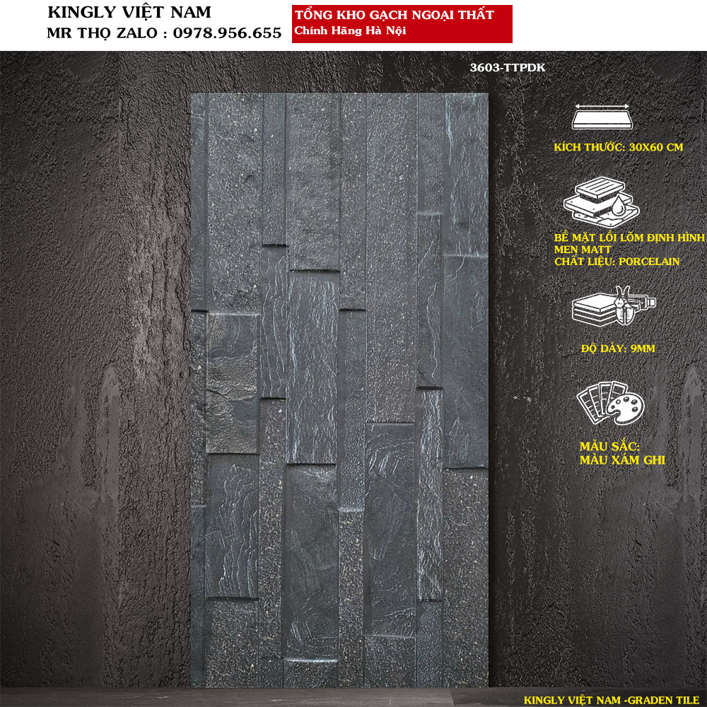 Gạch ốp tường Ngoài trời giả đá 30x60 cm 3603 Loại 1